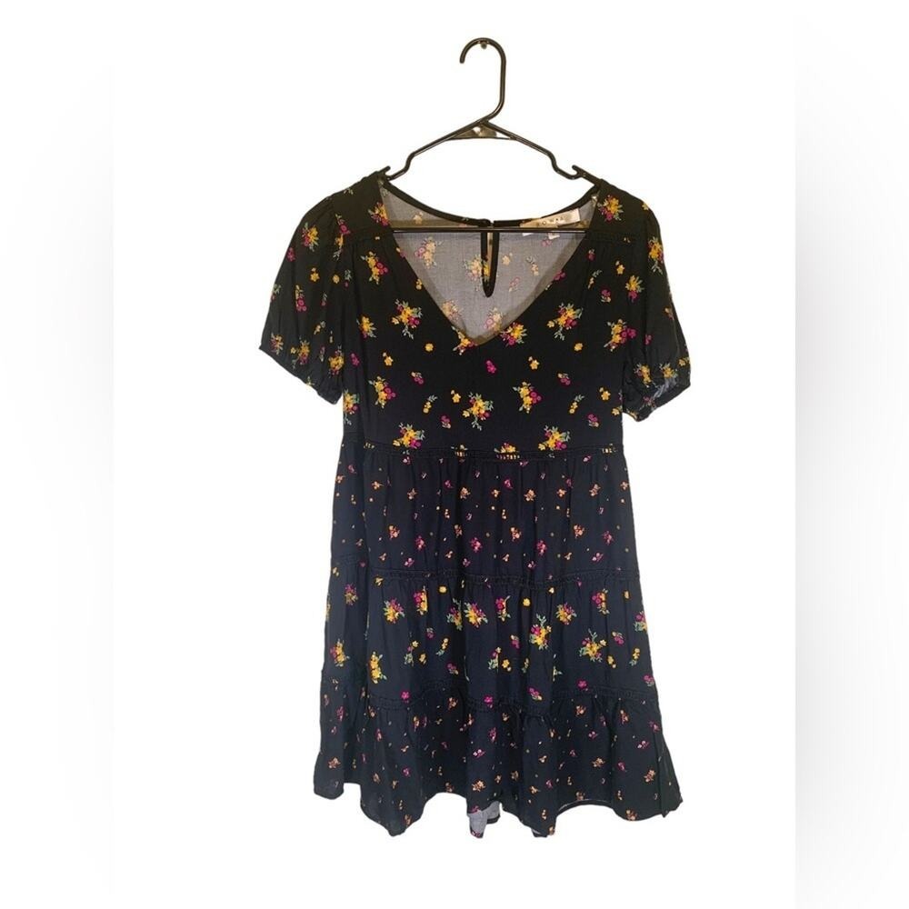 Row A Dress Small Black Ditsy Floral Tiered Mini Cottage Babydoll Whimsigoth New